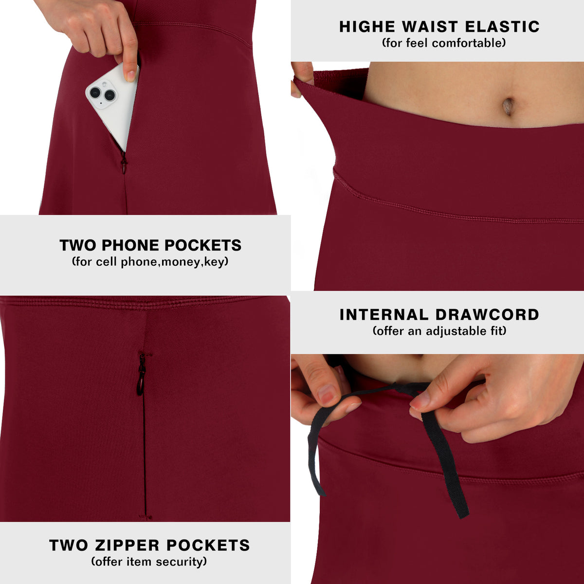 ANIVIVO Skirted Leggings for Women with Pockets Long Skirt with full Leggings 25"Knee Length with 2 Zipper Pockets-Wine Red