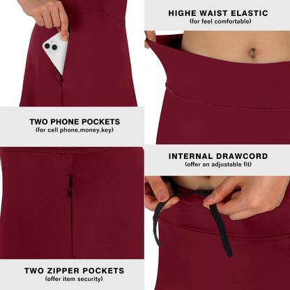 ANIVIVO Skirted Leggings for Women with Pockets Long Skirt with full Leggings 25"Knee Length with 2 Zipper Pockets-Wine Red