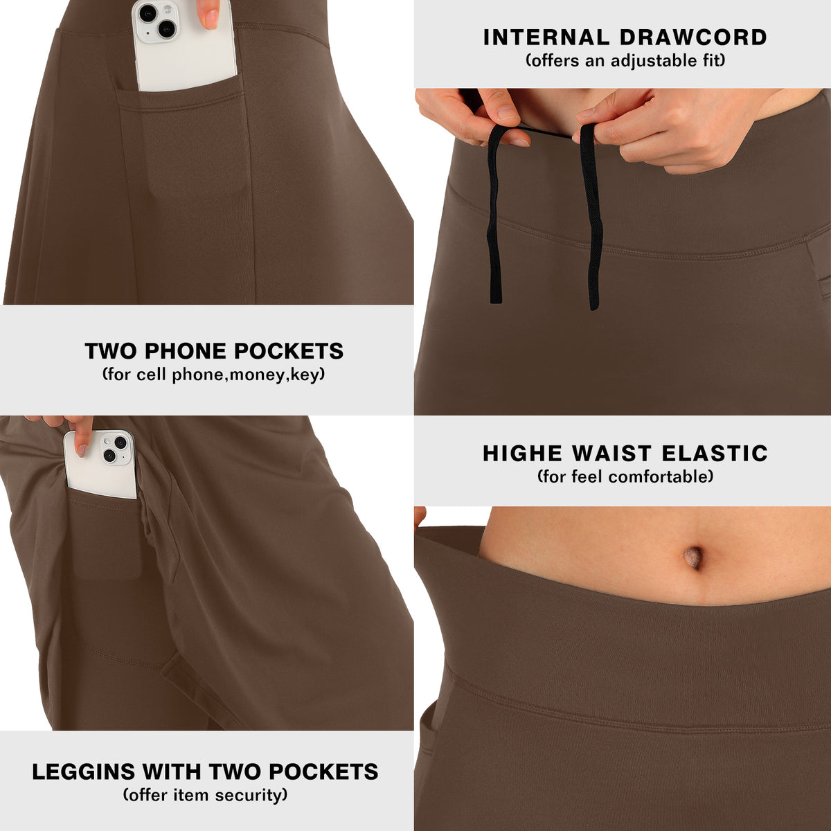ANIVIVO Skirted Leggings for Women with Pockets Long Skirt with full Leggings 25"Knee Length with 2 Zipper Pockets-All Brown
