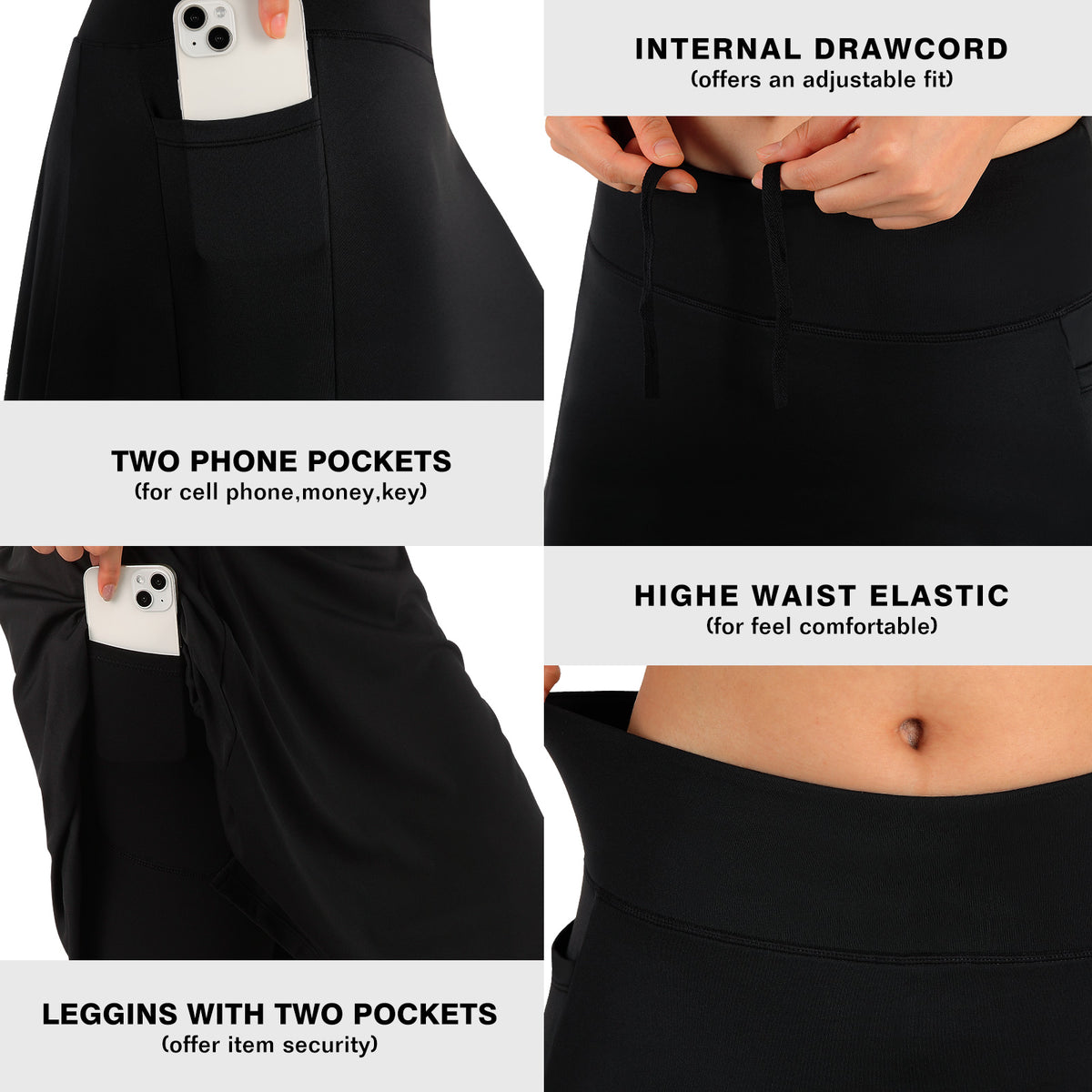 ANIVIVO Skirted Leggings for Women with Pockets Long Skirt with full Leggings 25"Knee Length with 2 Zipper Pockets-Black