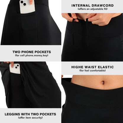 ANIVIVO Skirted Leggings for Women with Pockets Long Skirt with full Leggings 25"Knee Length with 2 Zipper Pockets-Black