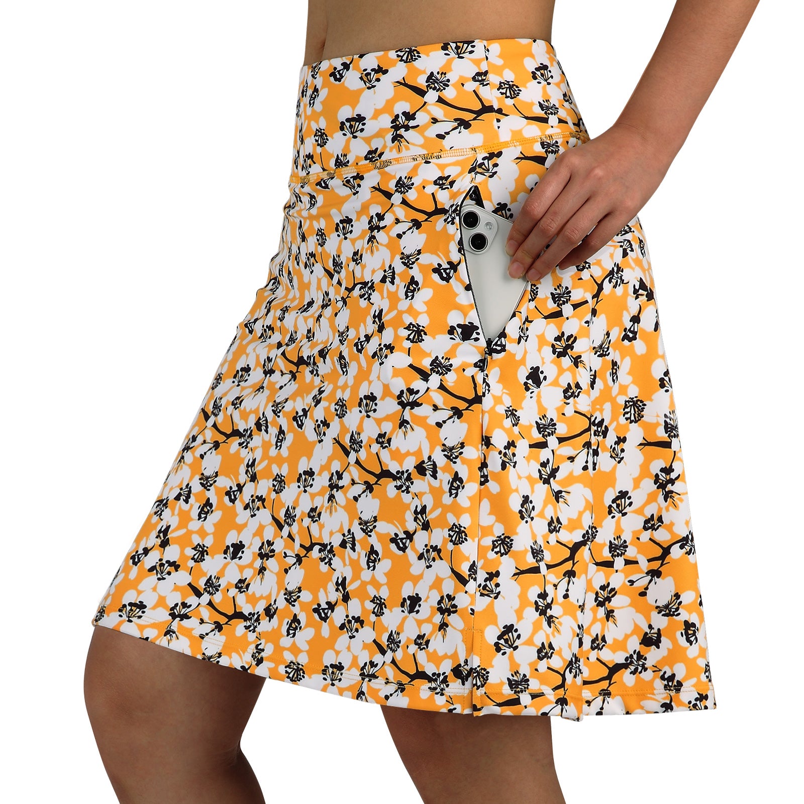 ANIVIVO Women's 20" Knee Length Skorts with Pockets Golf Tennis Skirt 2 Zipper Pockets High Waisted Built-In Shorts-Yellow Floral