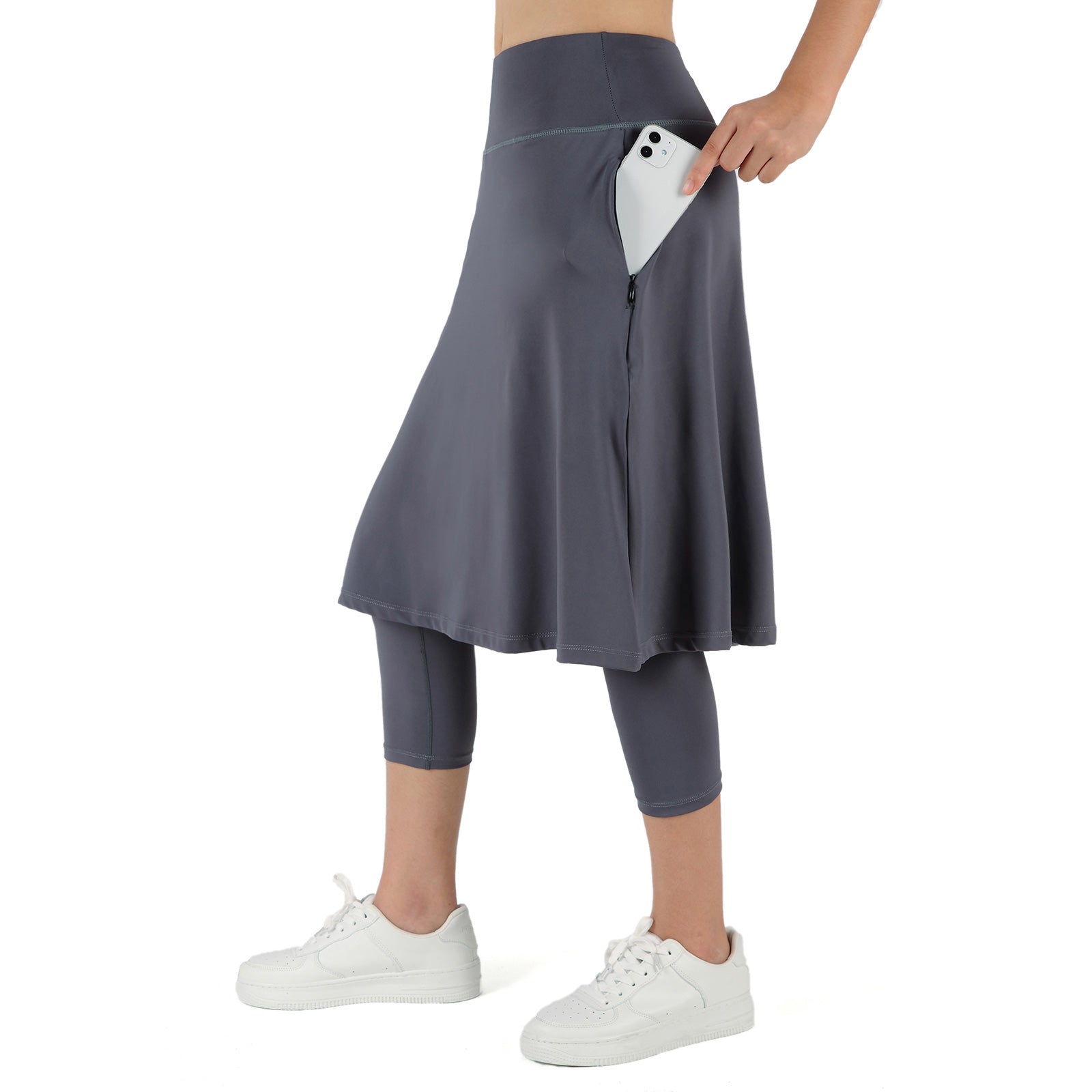 ANIVIVO Women Long Skirt with Leggings Skirted Leggings with Pockets High Waisted Zipper Pockets Modest Athletic skirt-Grey
