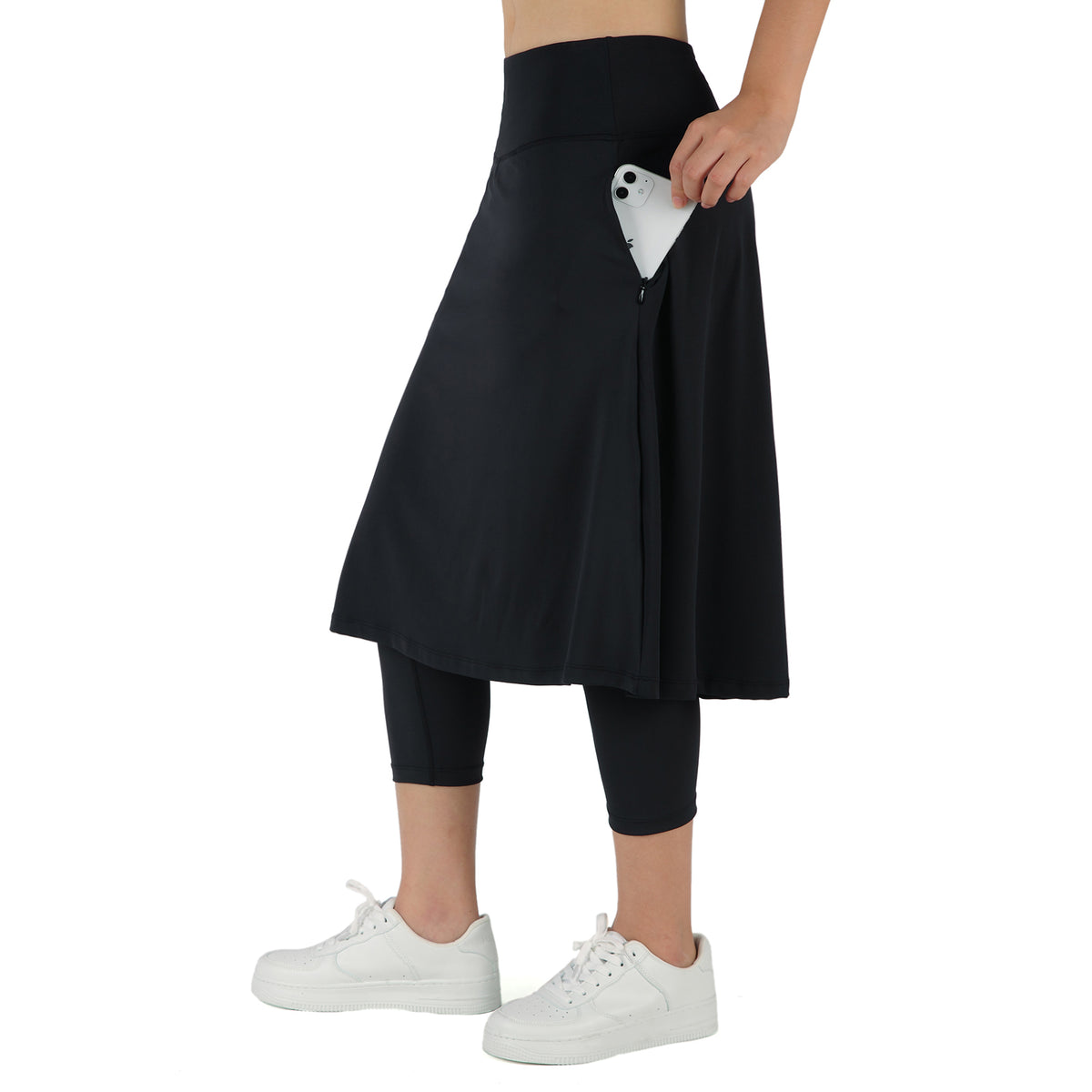 ANIVIVO Women Long Skirt with Leggings Skirted Leggings with Pockets High Waisted Zipper Pockets Modest Athletic skirt-Black