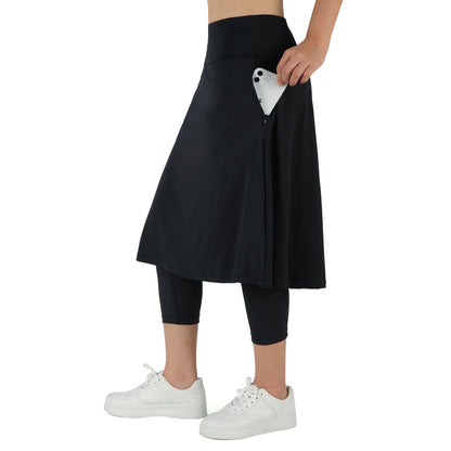 ANIVIVO Women Long Skirt with Leggings Skirted Leggings with Pockets High Waisted Zipper Pockets Modest Athletic skirt-Black