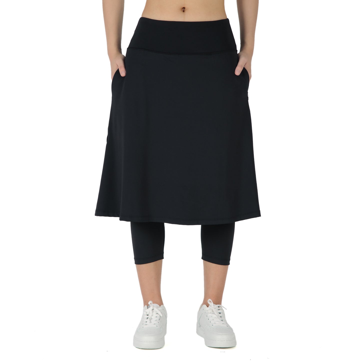 ANIVIVO Women Long Skirt with Leggings Skirted Leggings with Pockets High Waisted Zipper Pockets Modest Athletic skirt-Black