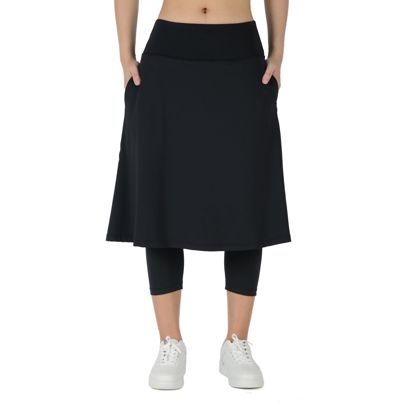 ANIVIVO Women Long Skirt with Leggings Skirted Leggings with Pockets High Waisted Zipper Pockets Modest Athletic skirt-Black